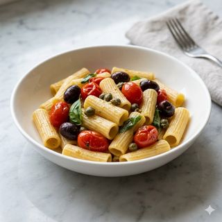 Rigatoni con pomodori datterini olive e capperi