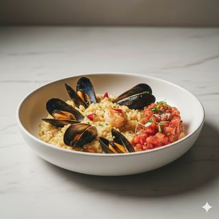 Risotto cozza nera e tartare di gambero rosso