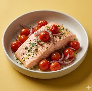 Salmone al vapore con pomodorini e cipolla