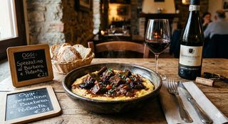 Spezzatino speziato al barbera con prugne e polenta
