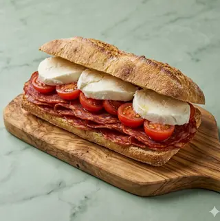 Panino salame piccante, pomodori pachino, mozzarella di bufala