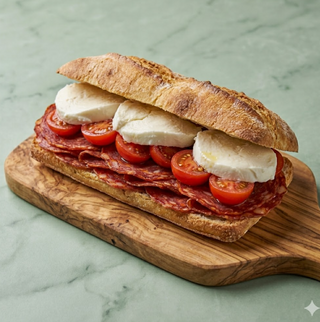 Panino salame piccante, pomodori pachino, mozzarella di bufala