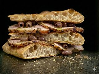 Schiacciata prosciutto arrosto, olive taggiasche