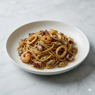 Spaghetti alla piastra con misto mare