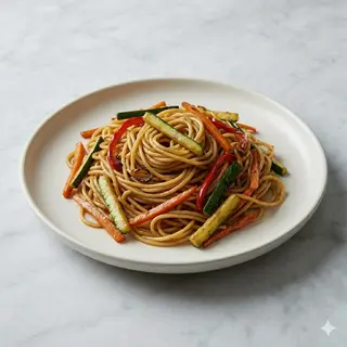 Spaghetti alla piastra con verdure