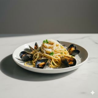 Spaghetti con cozze e pecorino