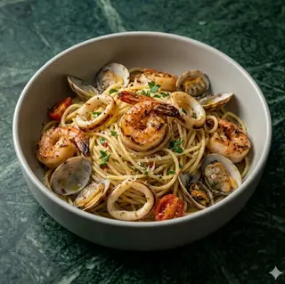 Spaghetti con frutti di mare alla piastra