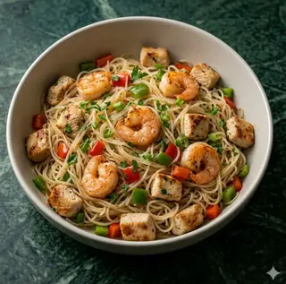 Spaghetti di riso con gamberi e pollo