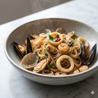 Spaghetti di soia con frutti di mare