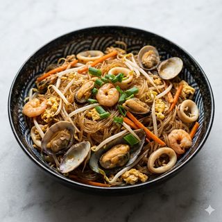 113 Spaghetti di soia saltati con frutti di mare