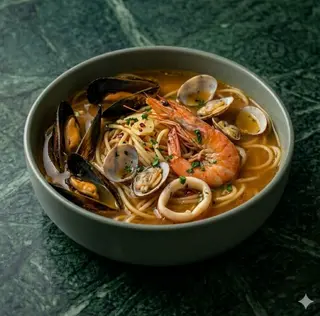 Spaghetti in brodo con frutti di mare