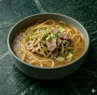 Spaghetti in brodo con maiale e zazai