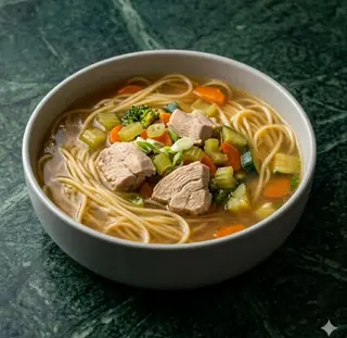 Spaghetti in brodo con pollo e verdure