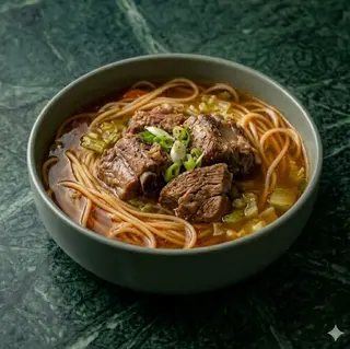 Spaghetti in brodo con spuntature di maiale