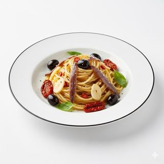 Spaghetti secco, aglio, olio, peperoncino, olive taggiasche, pom. secchi, acciughe del cantabrico