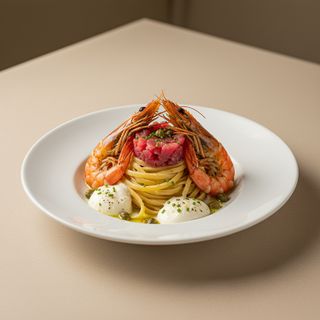 Spaghettone con gamberone, tartare di tonno e burrata