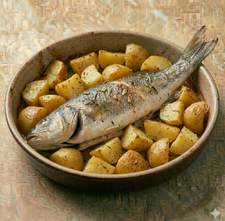 Spigola con patate al forno