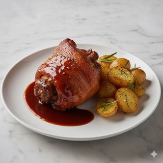 Stinco di maiale in riduzione di birra con patate