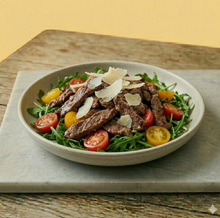 Straccetti di manzo con rucola e pomodorini e grana