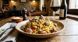 Tagliatelle con salsiccia di bra e bronoise di verdure