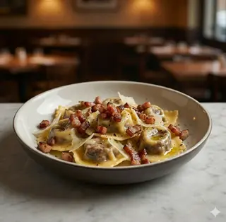 Tortelli di patate e porro con pancetta croccante