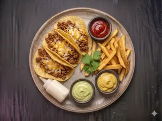 Tacos con carne + patatine fritte