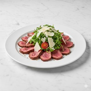 Tagliata di fassona con rucola, pomodorini e grana