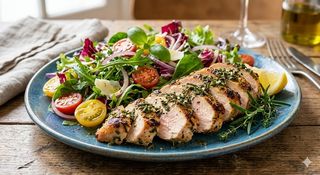 Tagliata di pollo marinata alle erbe con insalata fresca