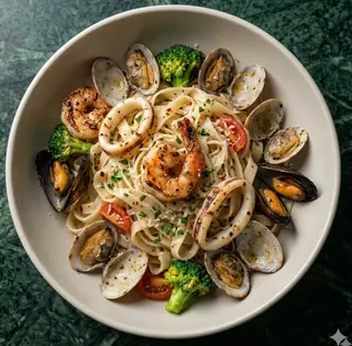 Tagliatelle di riso con frutti di mare