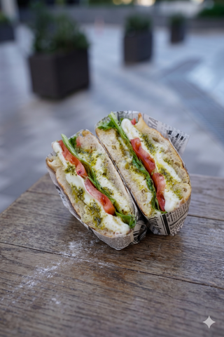 Italian Focaccia with Mozzarella, Tomatoes & Pesto