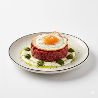 Tartare di manzo con uovo fritto , salsa yogurt e salsa verde