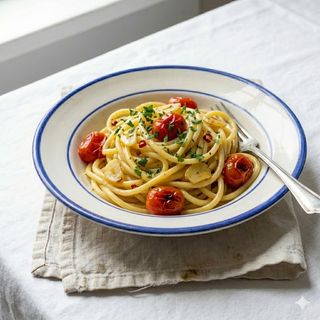 Tonnarello all'uovo aglio olio e Pachino