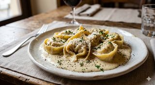 Tortellone ripieno di brasciola con crema cacio e pepe