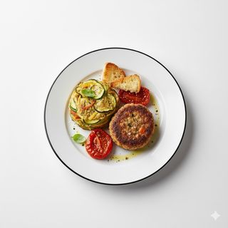 Tortino di verdure con hamburger vegano pomodori confit e pane croccante - due porzioni