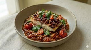 Trancio di capone grill con salsa agrumata e cipolla rossa