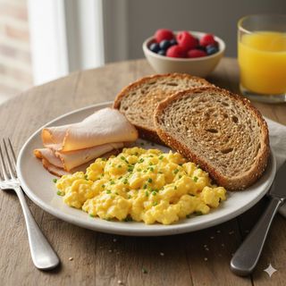 Uova strapazzate, fesa di tacchino e pane integrale