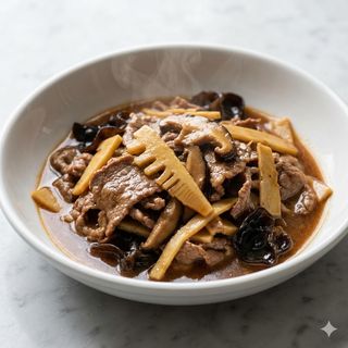 Vitello con funghi e bambù