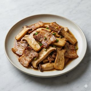 Pancetta di maiale saltata in padella con funghi cardoncelli