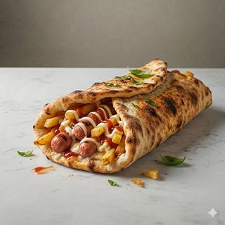 Zufolo ripieno con wurstel, patatine, ketchup e maionese 