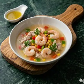 Zuppa con gamberi e pollo