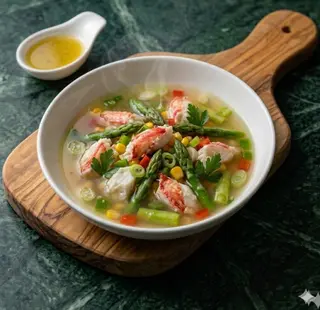 Zuppa con polpa di granchio e asparagi