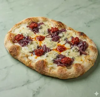 Pinsa nduja, gorgonzola, cipolle rosse caramellate, fior di latte