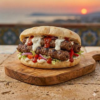Panino, seekh kebab, verdure, salse