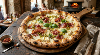 Bianca, mozzarella, briè, speck e pesto di pistacchio di bronte