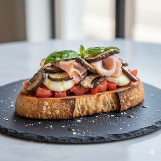 N°5 pomodoro, mozzarella, porcini, porchetta