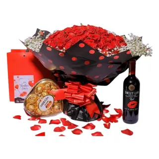 100 Roses & Gypsophila with Sweet Lips & Chocolates