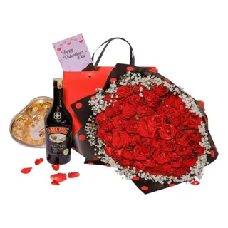 50 Roses & Gypsophila with Baileys & Chocolates