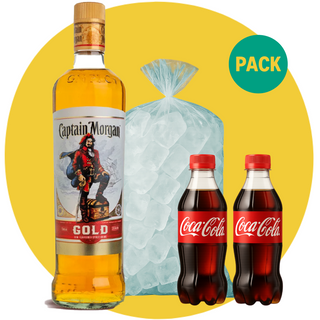 Captain Morgan Gold 750 ml + 2x Coke 330 ml + Ice 1kg