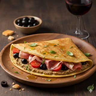 Crêpes prosciutto crudo, patè di olive e pomodoro