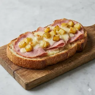 Crost con prosciutto cotto di praga, provola di agerola, patate al forno